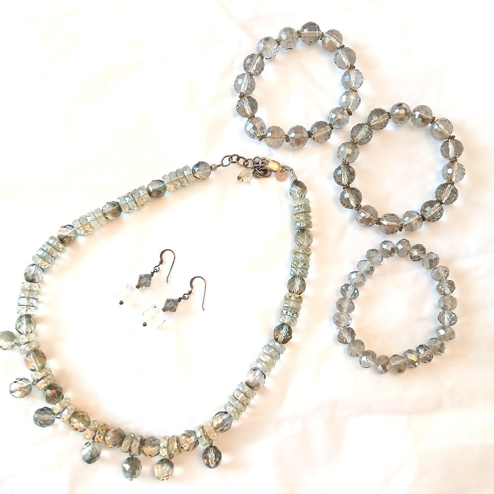 Gray Crystal Bead Jewelry Set Coordinated EMILY RAY Necklace Bracelets Earrings